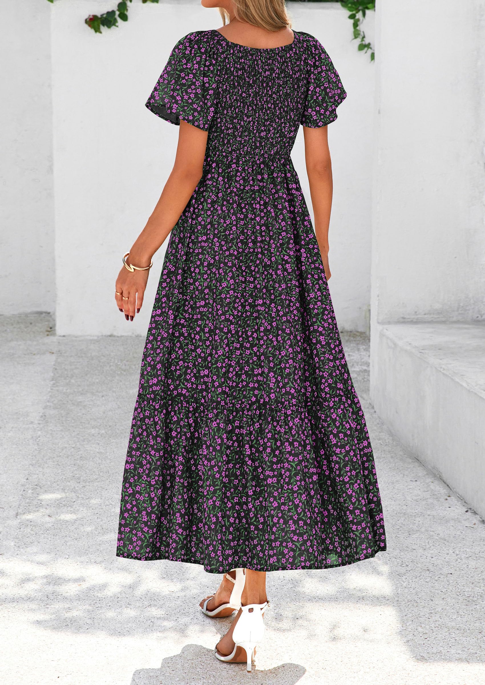 PRETTYGARDEN Women Floral Boho Maxi Dresses Short Sleeve V Neck Smocked A Line Long Flowy Beach Vacation Dress