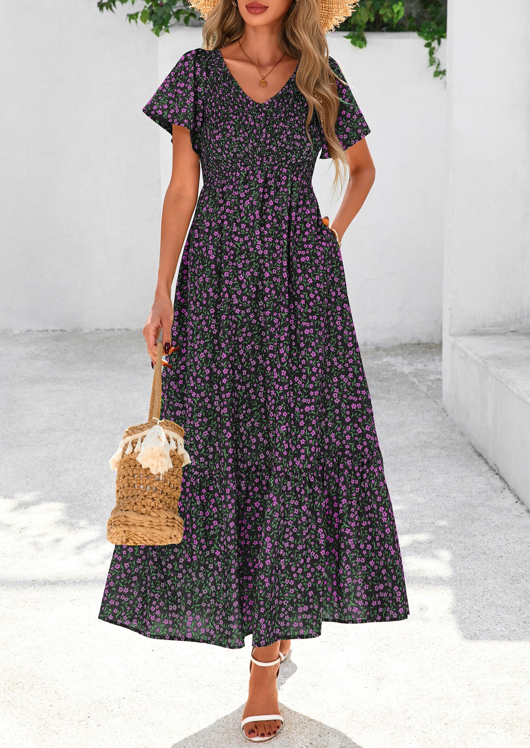 PRETTYGARDEN Women Floral Boho Maxi Dresses Short Sleeve V Neck Smocked A Line Long Flowy Beach Vacation Dress