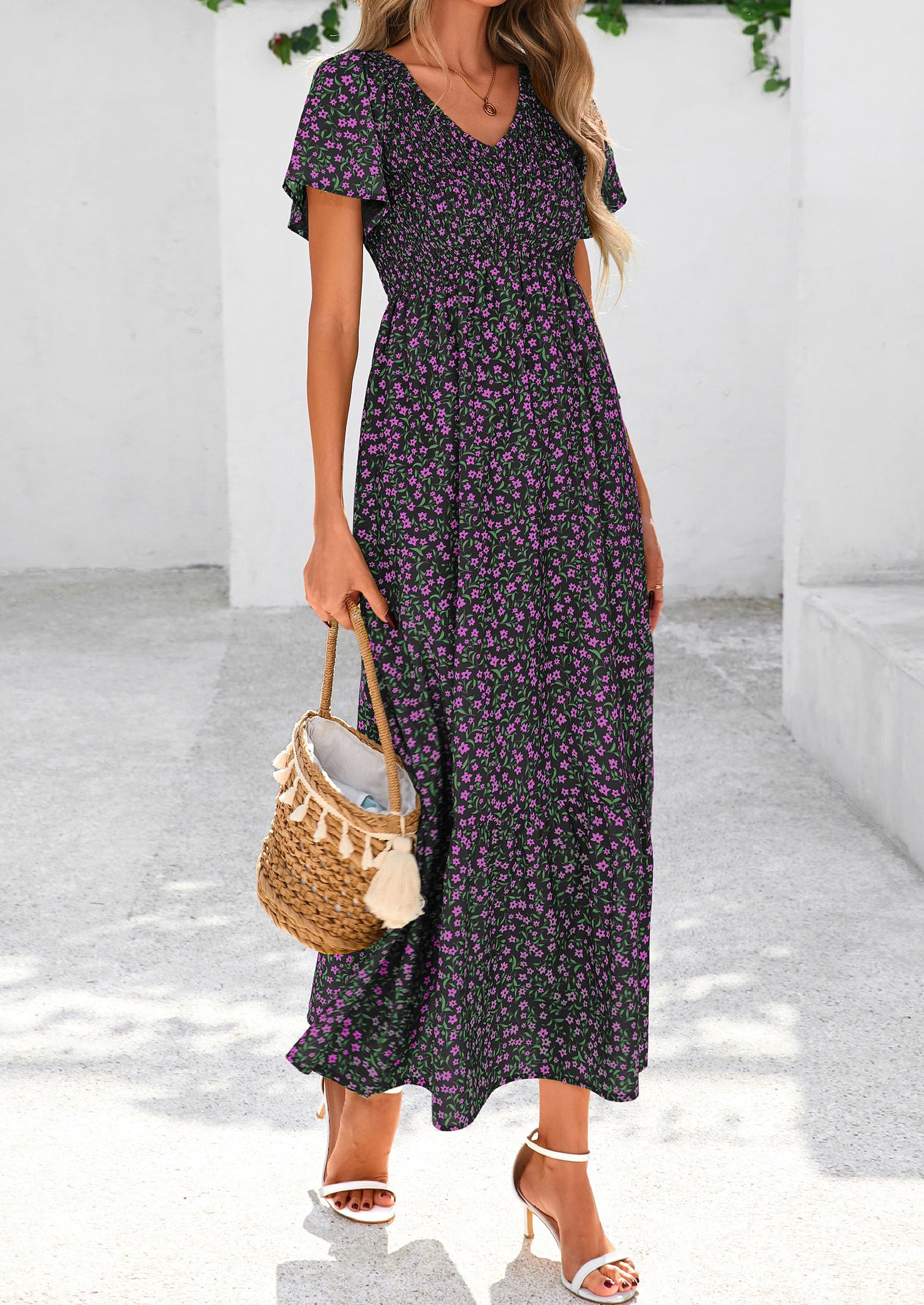 PRETTYGARDEN Women Floral Boho Maxi Dresses Short Sleeve V Neck Smocked A Line Long Flowy Beach Vacation Dress