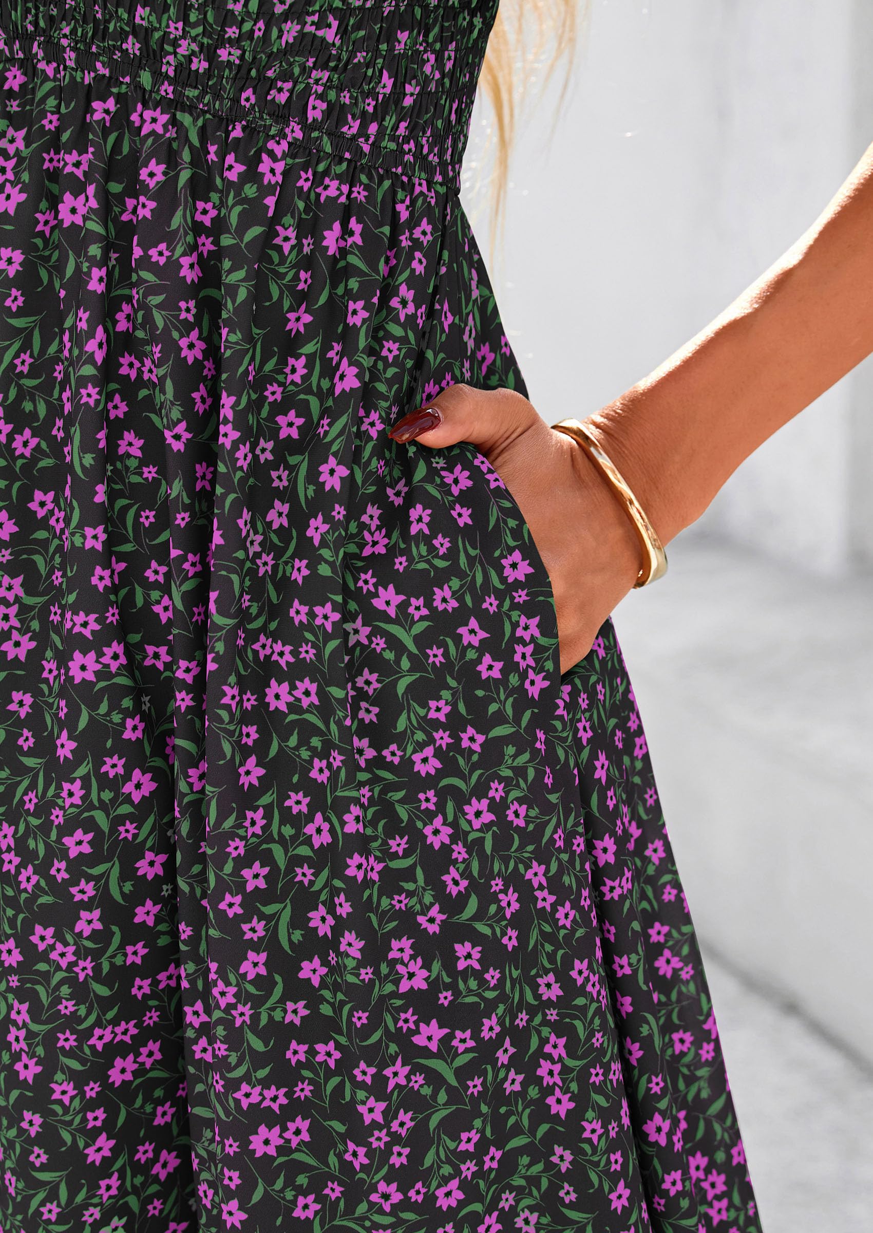 PRETTYGARDEN Women Floral Boho Maxi Dresses Short Sleeve V Neck Smocked A Line Long Flowy Beach Vacation Dress