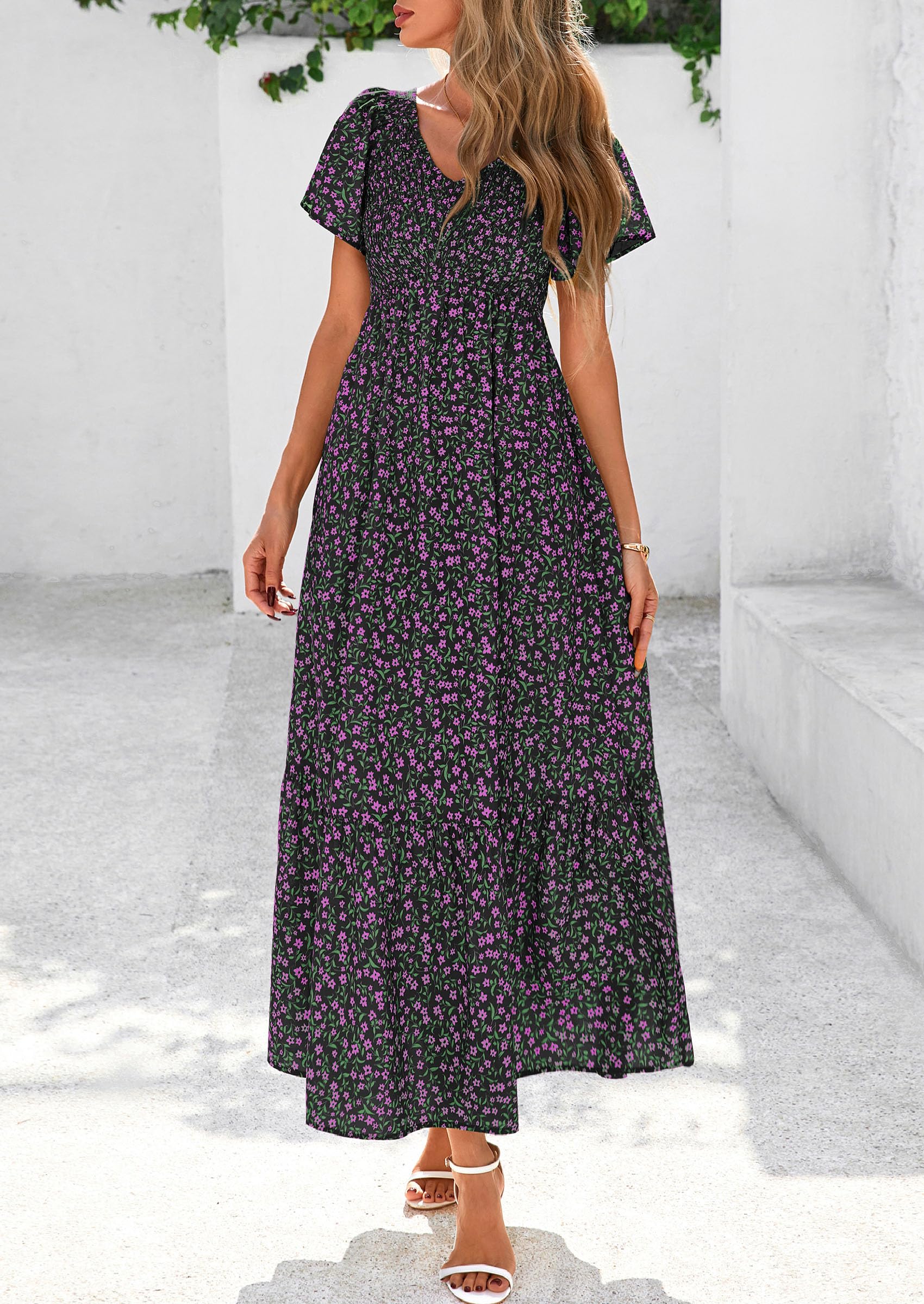 PRETTYGARDEN Women Floral Boho Maxi Dresses Short Sleeve V Neck Smocked A Line Long Flowy Beach Vacation Dress