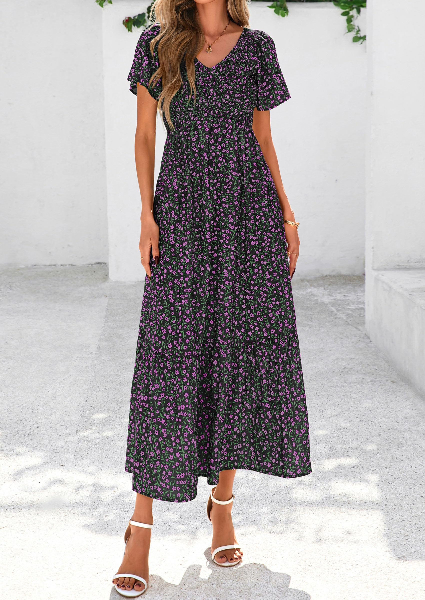 PRETTYGARDEN Women Floral Boho Maxi Dresses Short Sleeve V Neck Smocked A Line Long Flowy Beach Vacation Dress