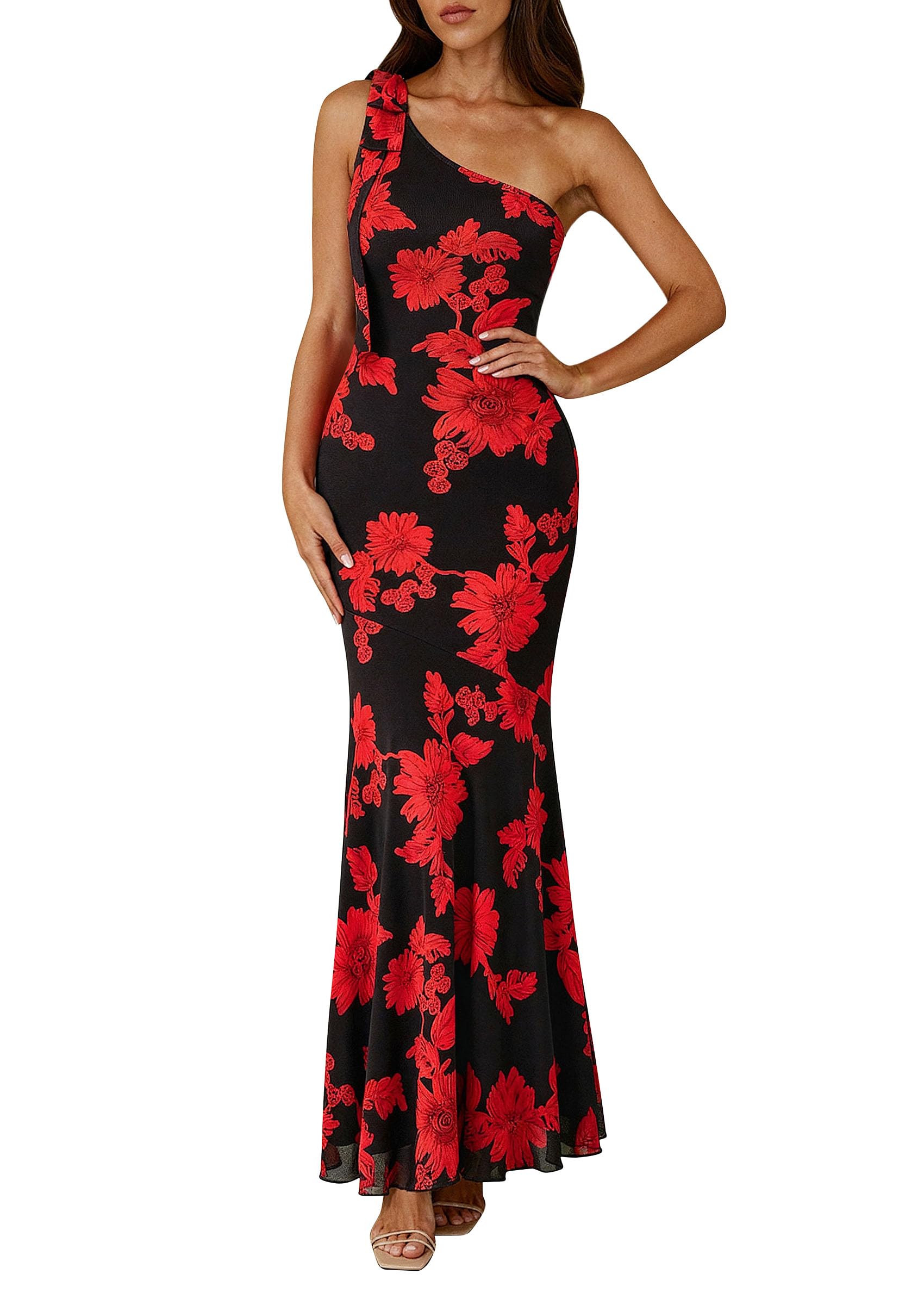 PRETTYGARDEN Womens Summer One Shoulder Maxi Dress Floral Sleeveless Bodycon Mesh Long Formal Wedding Guest Dresses PRETTYGARDEN