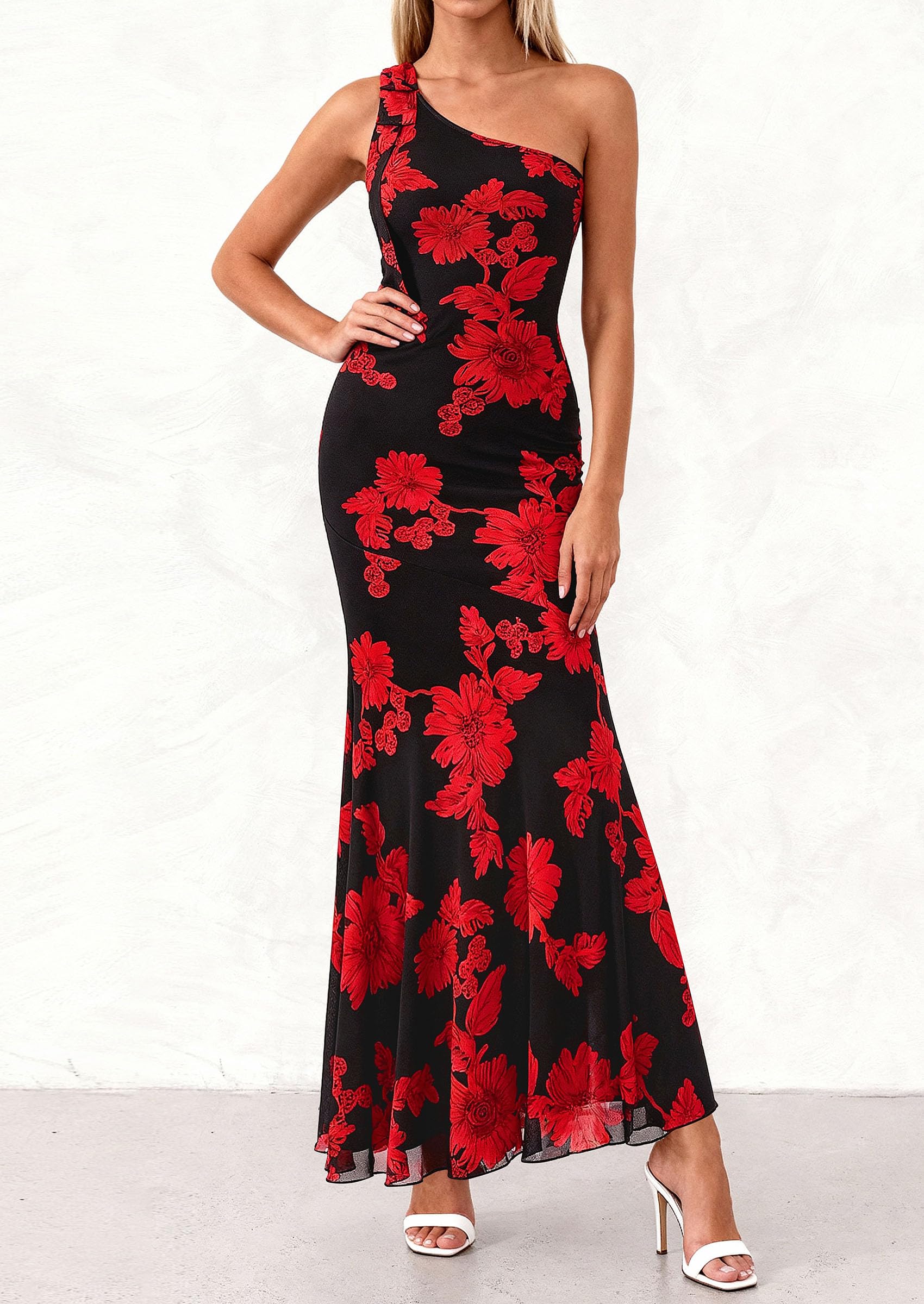 PRETTYGARDEN Womens Summer One Shoulder Maxi Dress Floral Sleeveless Bodycon Mesh Long Formal Wedding Guest Dresses PRETTYGARDEN