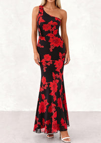 PRETTYGARDEN Womens Summer One Shoulder Maxi Dress Floral Sleeveless Bodycon Mesh Long Formal Wedding Guest Dresses PRETTYGARDEN