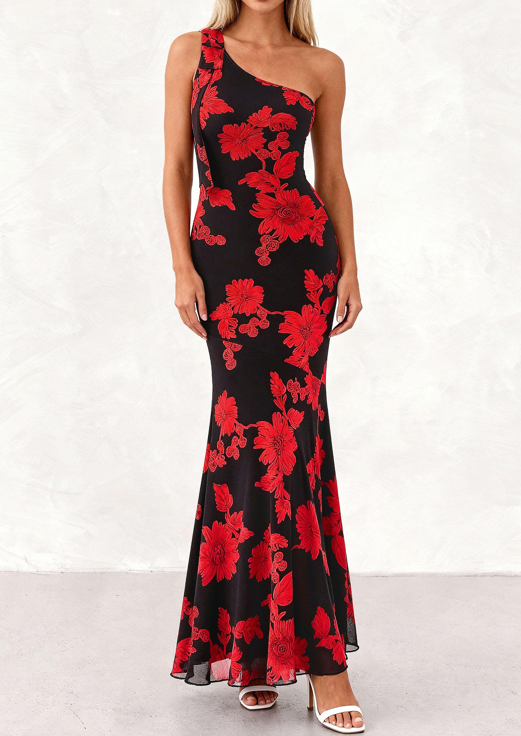 PRETTYGARDEN Womens Summer One Shoulder Maxi Dress Floral Sleeveless Bodycon Mesh Long Formal Wedding Guest Dresses PRETTYGARDEN