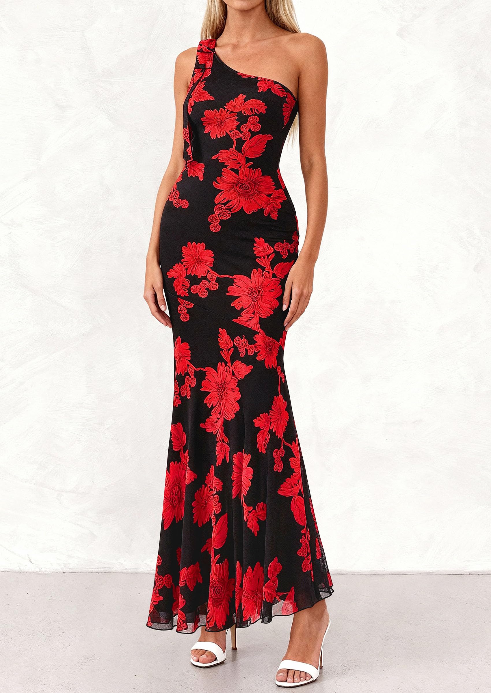 PRETTYGARDEN Womens Summer One Shoulder Maxi Dress Floral Sleeveless Bodycon Mesh Long Formal Wedding Guest Dresses PRETTYGARDEN