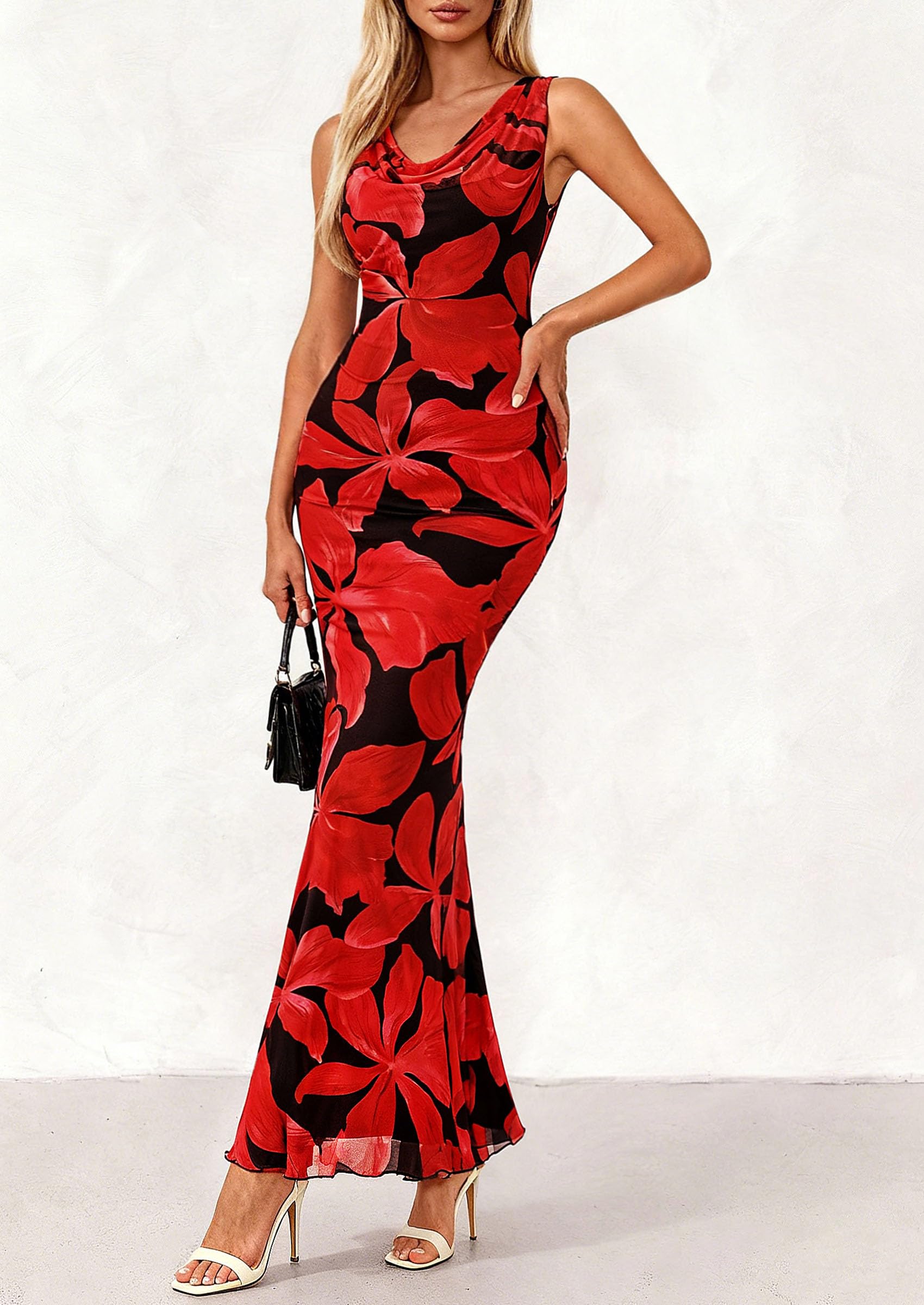 PRETTYGARDEN Women's Summer Cowl Neck Floral Maxi Dress Sleeveless Bodycon Beach Vacation Long Party Wedding Guest Dresses PRETTYGARDEN