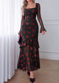 PRETTYGARDEN Womens Floral Long Sleeve Dress A Line Mesh Fall Maxi Dresses | Sheer Sleeve & Bell Cuffs, Lined, High Waist & Tiered Ruffle, Square Neck, Flowy Boho Dress, Cocktail Wedding Guest Dresses