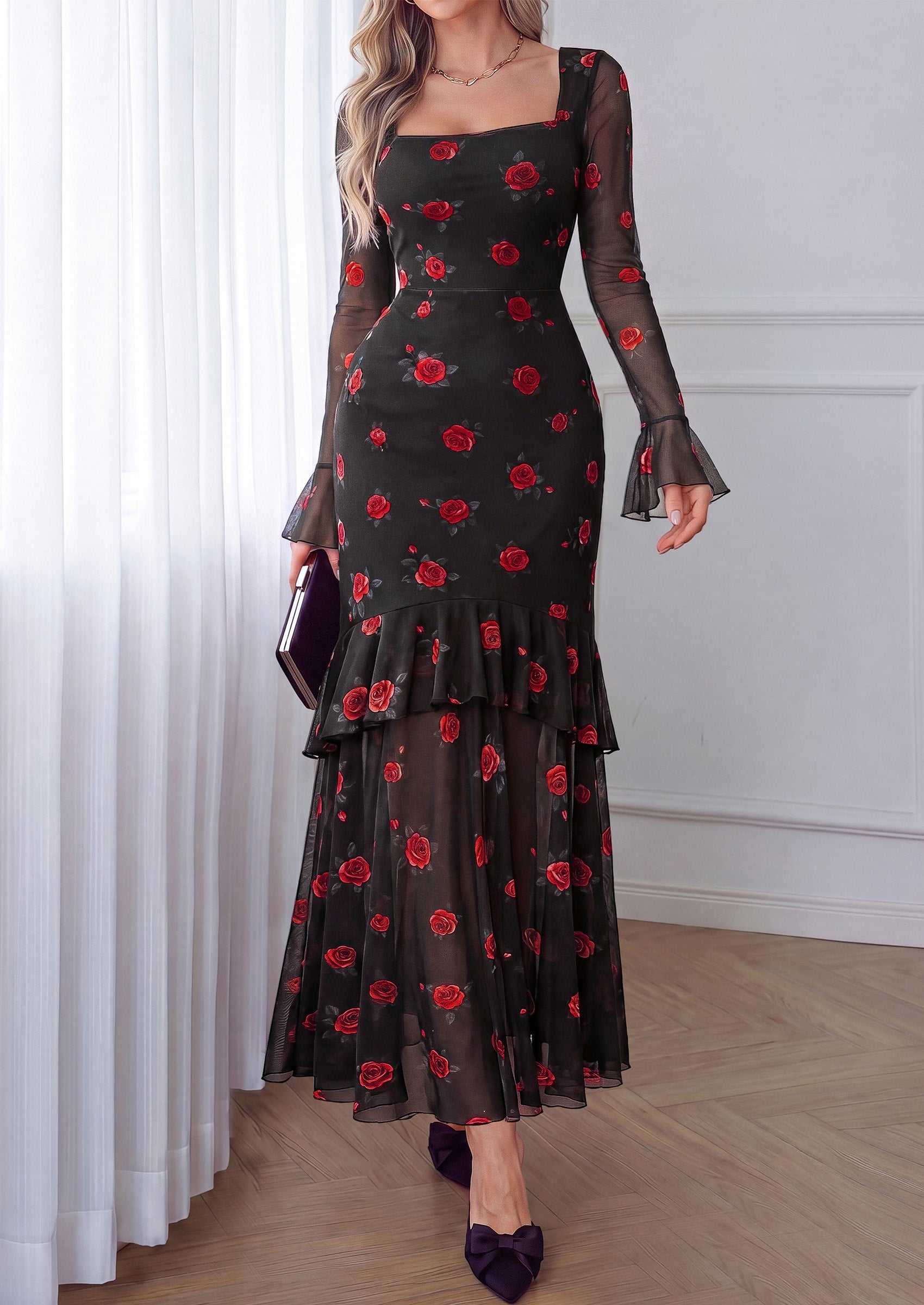 PRETTYGARDEN Womens Floral Long Sleeve Dress A Line Mesh Fall Maxi Dresses | Sheer Sleeve & Bell Cuffs, Lined, High Waist & Tiered Ruffle, Square Neck, Flowy Boho Dress, Cocktail Wedding Guest Dresses