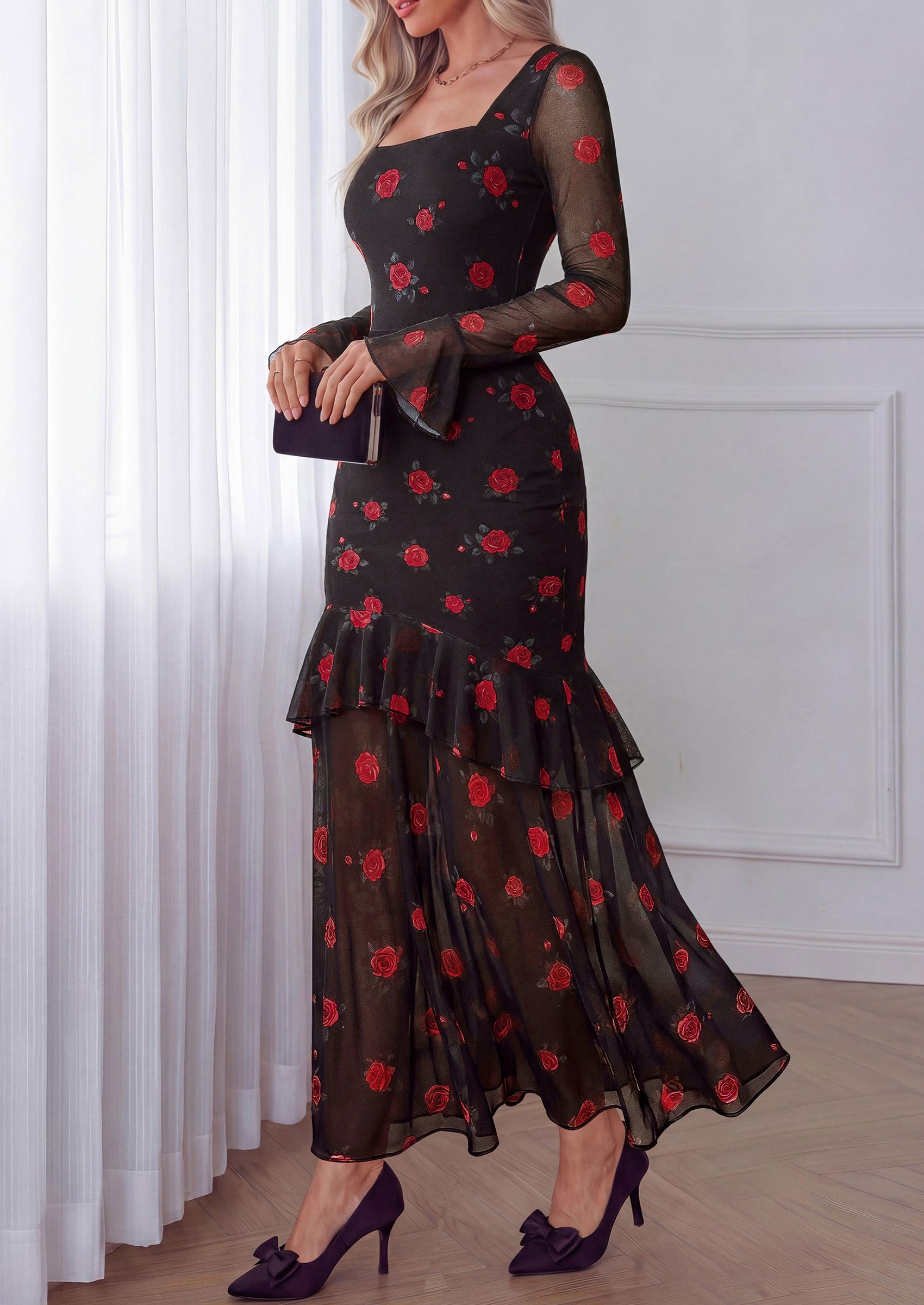 PRETTYGARDEN Womens Floral Long Sleeve Dress A Line Mesh Fall Maxi Dresses | Sheer Sleeve & Bell Cuffs, Lined, High Waist & Tiered Ruffle, Square Neck, Flowy Boho Dress, Cocktail Wedding Guest Dresses
