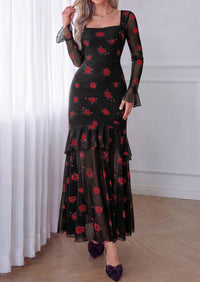 PRETTYGARDEN Womens Floral Long Sleeve Dress A Line Mesh Fall Maxi Dresses | Sheer Sleeve & Bell Cuffs, Lined, High Waist & Tiered Ruffle, Square Neck, Flowy Boho Dress, Cocktail Wedding Guest Dresses