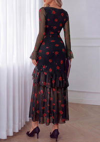 PRETTYGARDEN Womens Floral Long Sleeve Dress A Line Mesh Fall Maxi Dresses | Sheer Sleeve & Bell Cuffs, Lined, High Waist & Tiered Ruffle, Square Neck, Flowy Boho Dress, Cocktail Wedding Guest Dresses