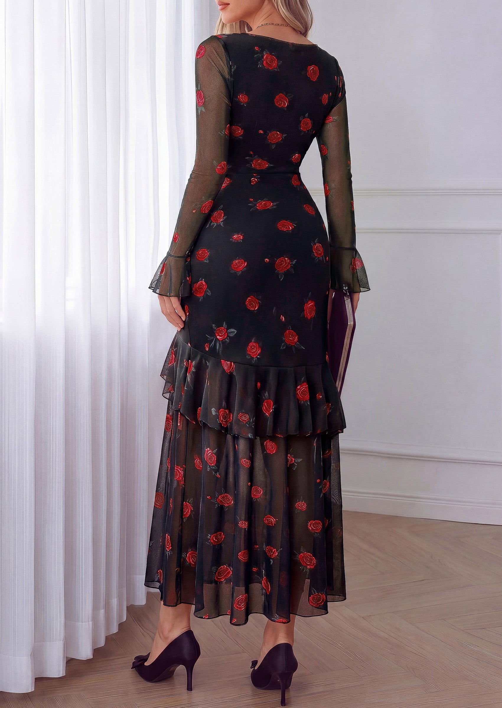 PRETTYGARDEN Womens Floral Long Sleeve Dress A Line Mesh Fall Maxi Dresses | Sheer Sleeve & Bell Cuffs, Lined, High Waist & Tiered Ruffle, Square Neck, Flowy Boho Dress, Cocktail Wedding Guest Dresses