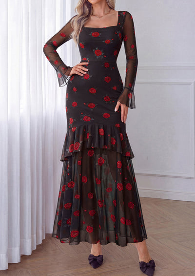 PRETTYGARDEN Womens Floral Long Sleeve Dress A Line Mesh Fall Maxi Dresses | Sheer Sleeve & Bell Cuffs, Lined, High Waist & Tiered Ruffle, Square Neck, Flowy Boho Dress, Cocktail Wedding Guest Dresses