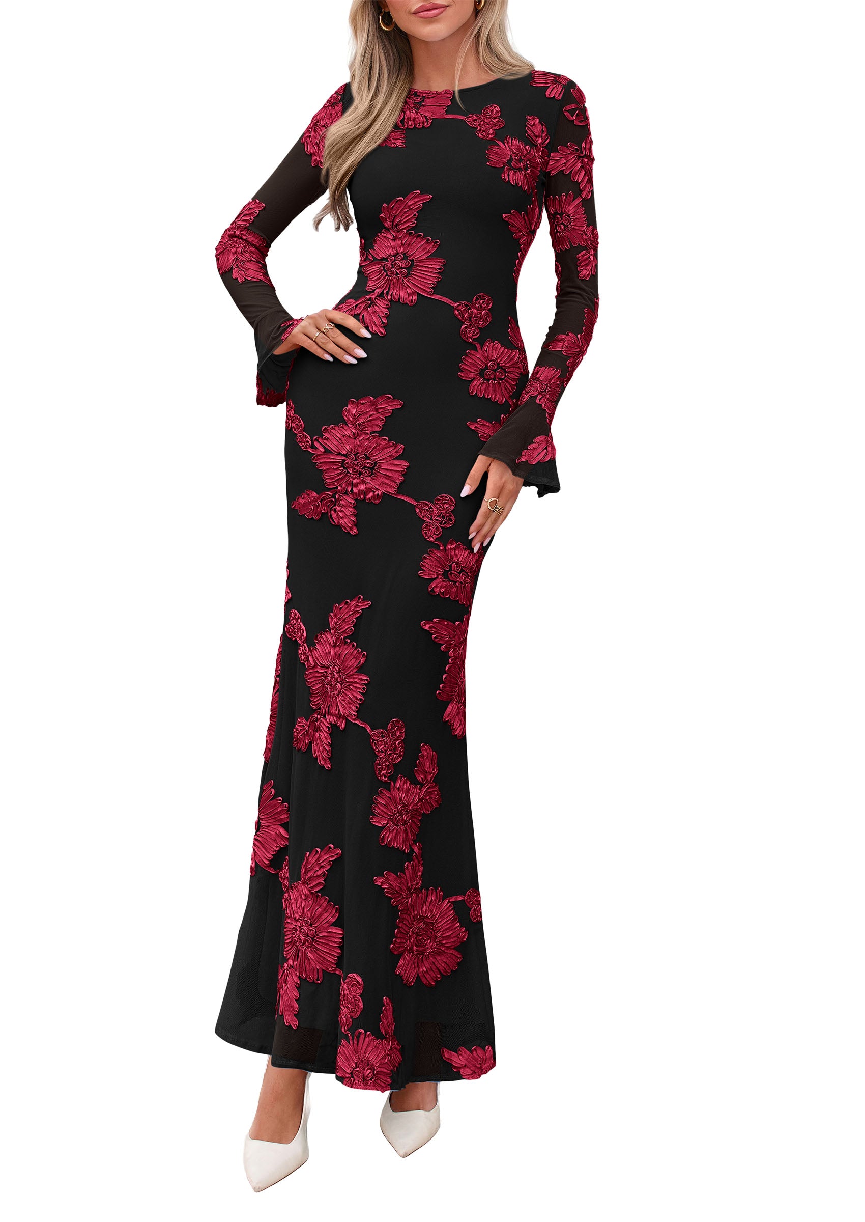 PRETTYGARDEN Women's Formal Floral Maxi Bodycon Dresses  Ruffle Long Sleeve, Fall Winter Outfits 2026 for Wedding Guest, Homecoming & Cocktail, Slimming Mesh Dress with Lining