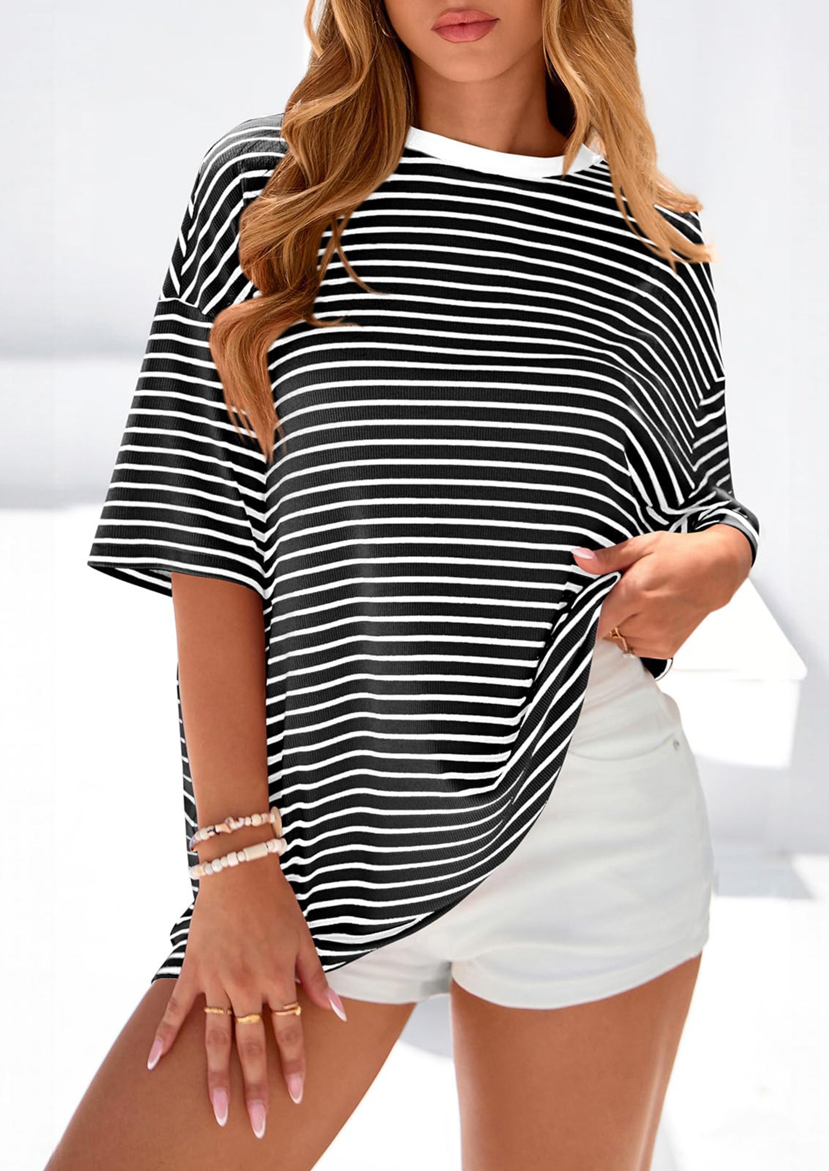 PRETTYGARDEN Womens Oversied Cute Tops Casual Striped Short Sleeve Shirt Women Trendy Spring Fashion Basic Tees Blouse PRETTYGARDEN