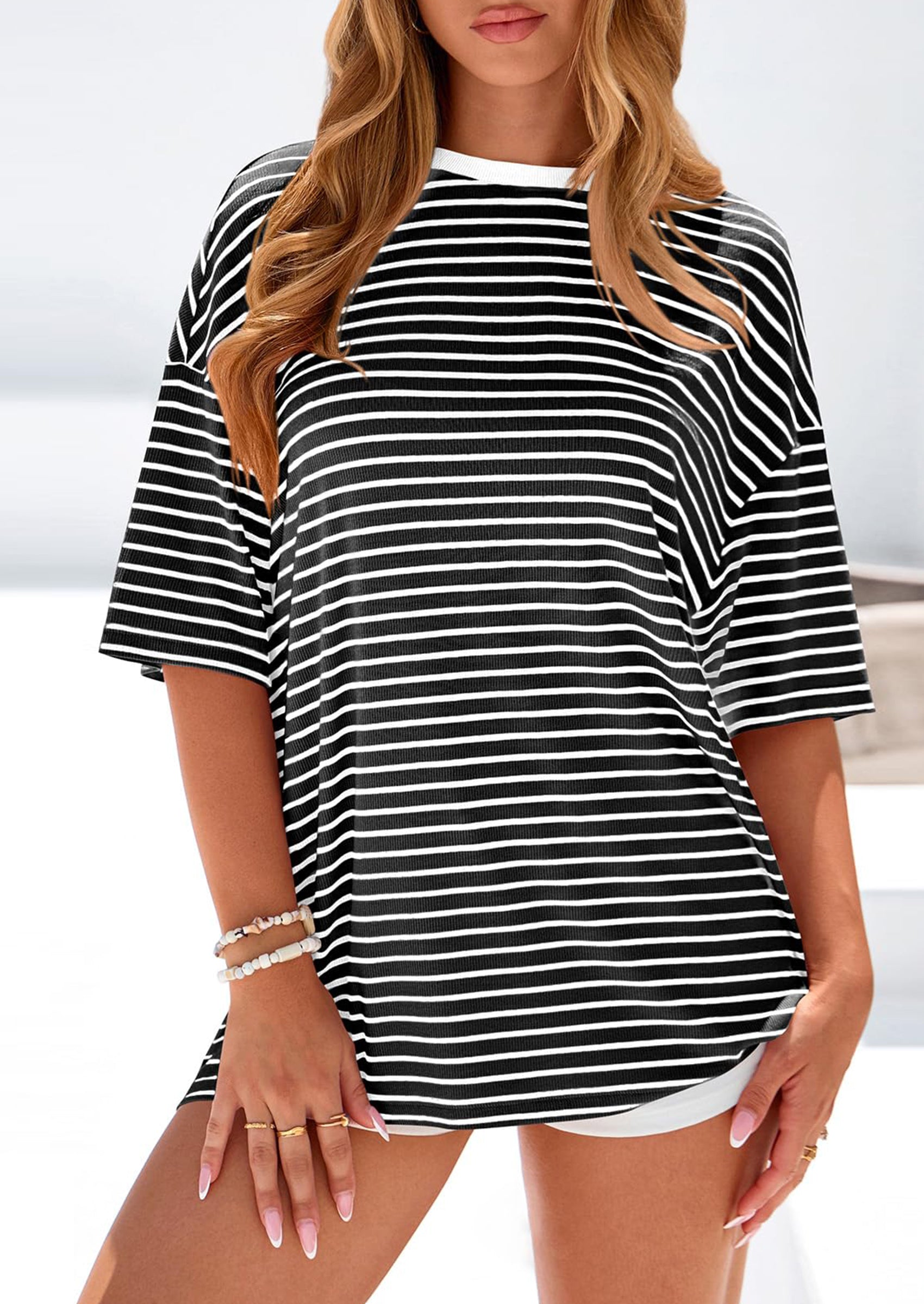 PRETTYGARDEN Womens Oversied Cute Tops Casual Striped Short Sleeve Shirt Women Trendy Spring Fashion Basic Tees Blouse PRETTYGARDEN