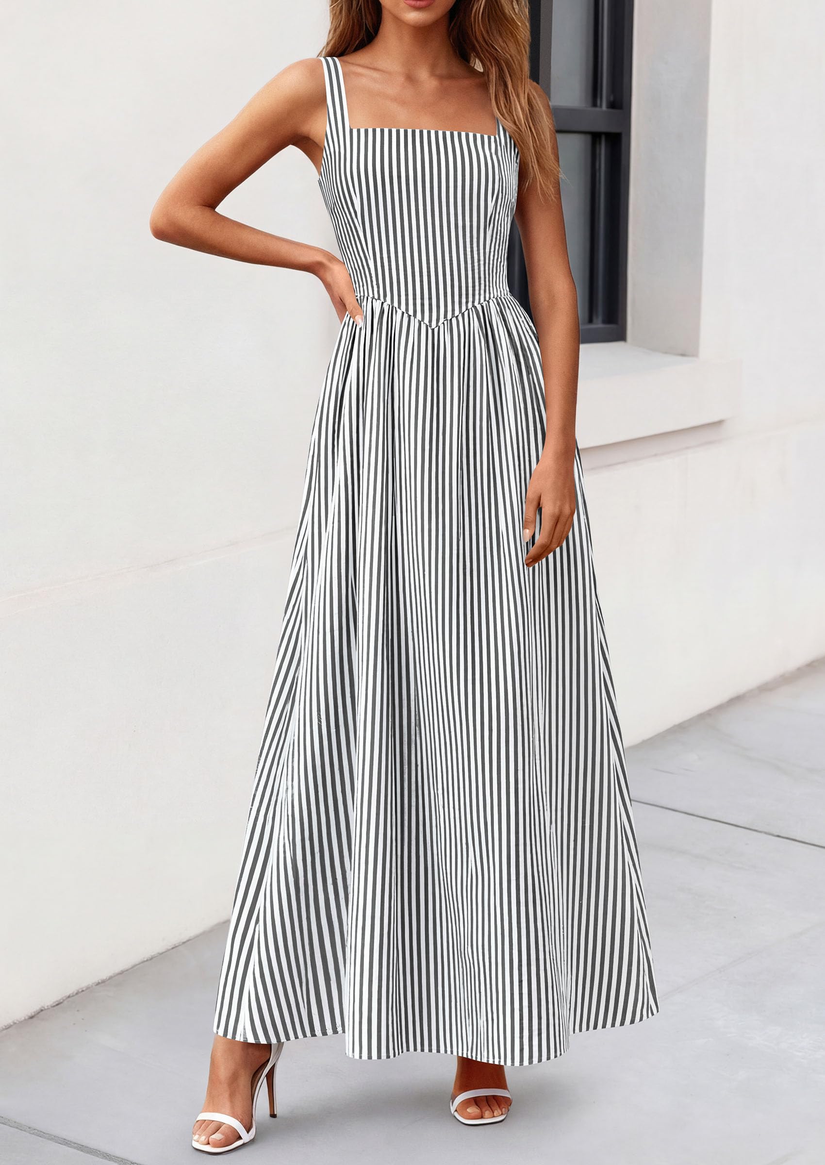 PRETTYGARDEN Women's Maxi Striped Dress Summer Sleeveless Square Neck Smocked A Line Long Flowy Spring Vacation Sundress PRETTYGARDEN