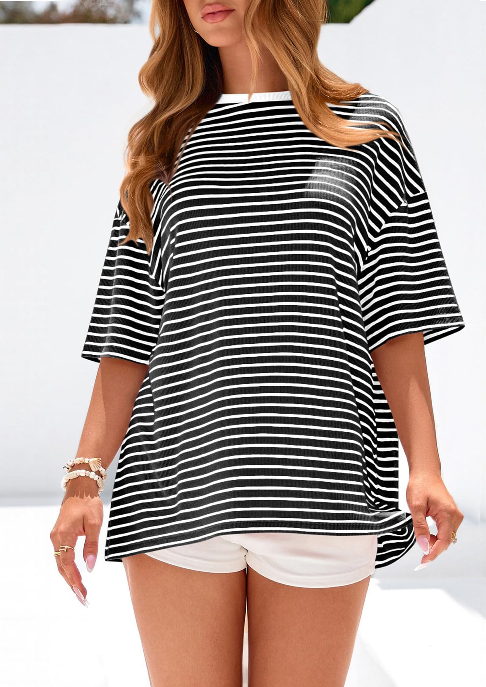 PRETTYGARDEN Womens Oversied Cute Tops Casual Striped Short Sleeve Shirt Women Trendy Spring Fashion Basic Tees Blouse PRETTYGARDEN