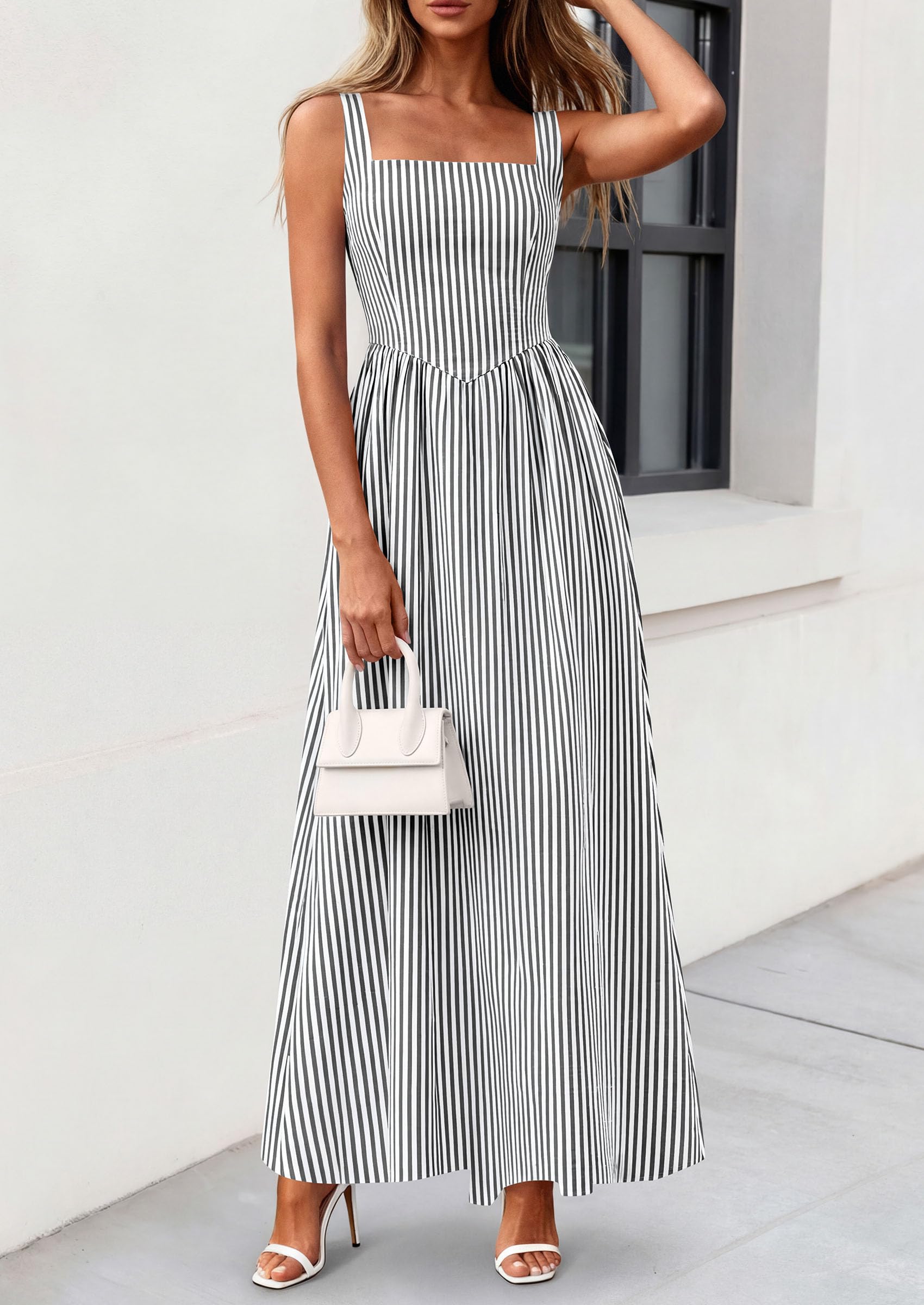 PRETTYGARDEN Women's Maxi Striped Dress Summer Sleeveless Square Neck Smocked A Line Long Flowy Spring Vacation Sundress PRETTYGARDEN