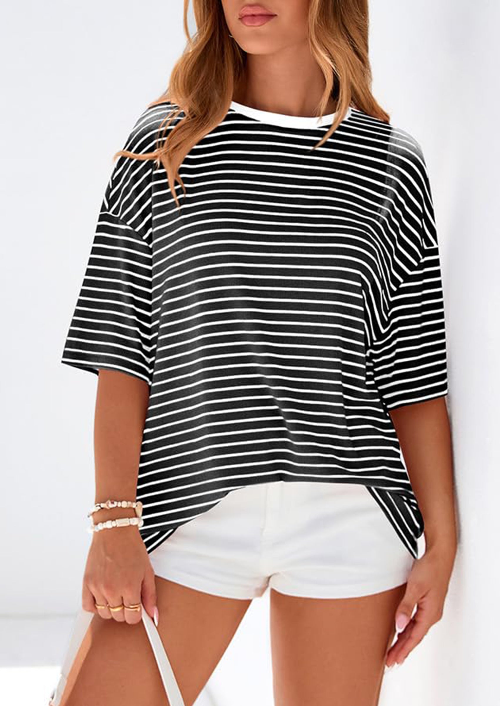 PRETTYGARDEN Womens Oversied Cute Tops Casual Striped Short Sleeve Shirt Women Trendy Spring Fashion Basic Tees Blouse PRETTYGARDEN