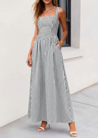 PRETTYGARDEN Women's Maxi Striped Dress Summer Sleeveless Square Neck Smocked A Line Long Flowy Spring Vacation Sundress PRETTYGARDEN