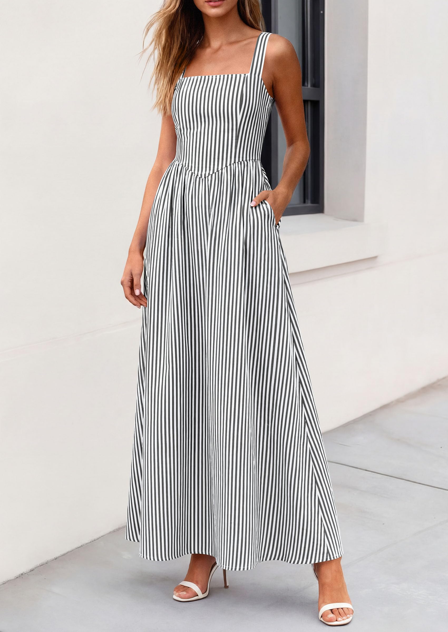 PRETTYGARDEN Women's Maxi Striped Dress Summer Sleeveless Square Neck Smocked A Line Long Flowy Spring Vacation Sundress PRETTYGARDEN