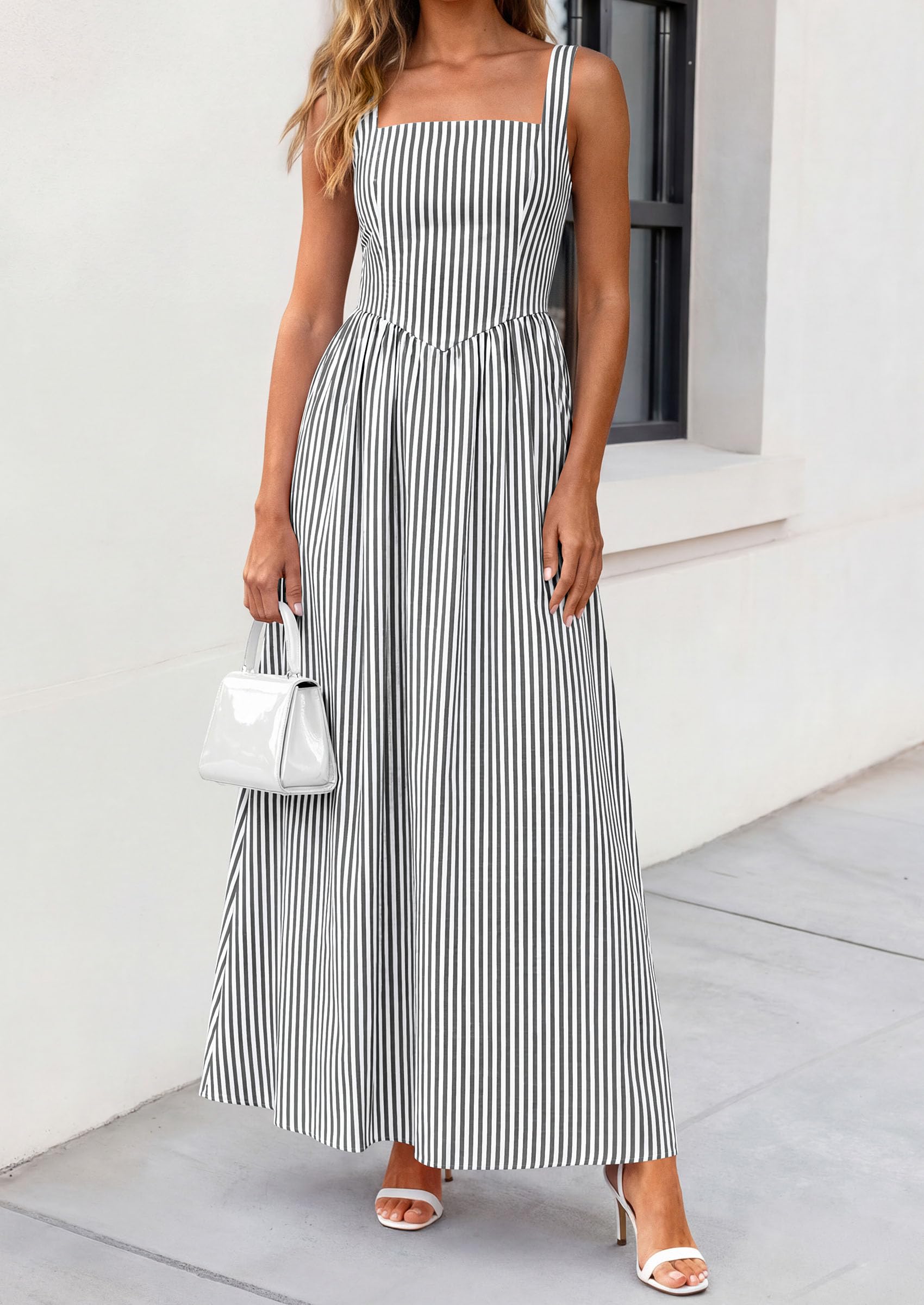 PRETTYGARDEN Women's Maxi Striped Dress Summer Sleeveless Square Neck Smocked A Line Long Flowy Spring Vacation Sundress PRETTYGARDEN