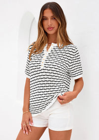 PRETTYGARDEN Cute Short Sleeve V Neck Sweaters for Women Summer Casual Striped Quarter Button Henley Shirts Knit Work Tops PRETTYGARDEN