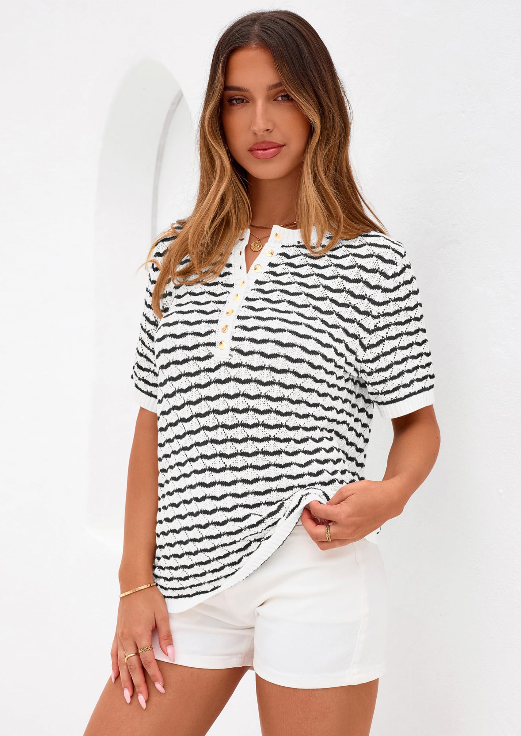 PRETTYGARDEN Cute Short Sleeve V Neck Sweaters for Women Summer Casual Striped Quarter Button Henley Shirts Knit Work Tops PRETTYGARDEN