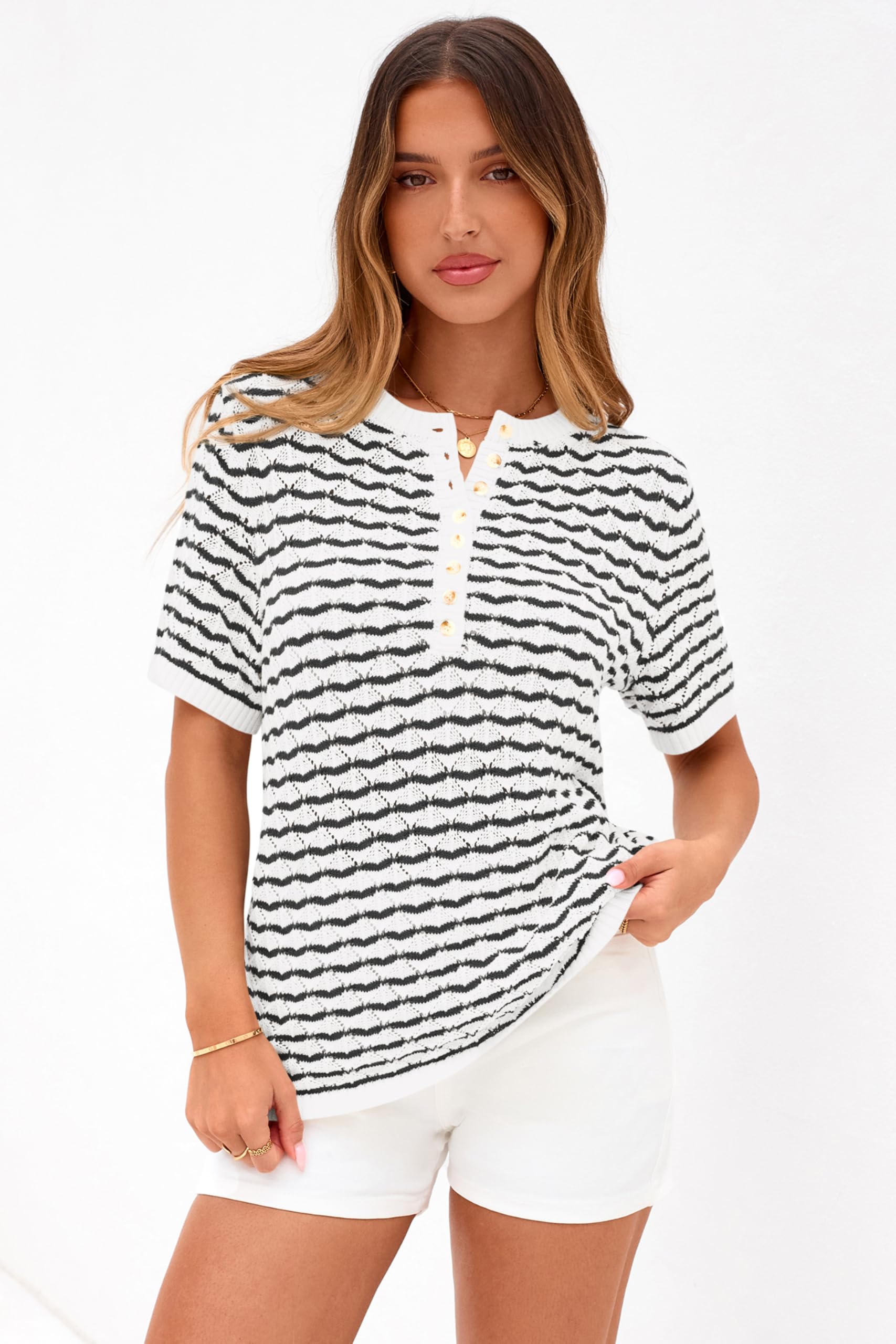 PRETTYGARDEN Cute Short Sleeve V Neck Sweaters for Women Summer Casual Striped Quarter Button Henley Shirts Knit Work Tops PRETTYGARDEN