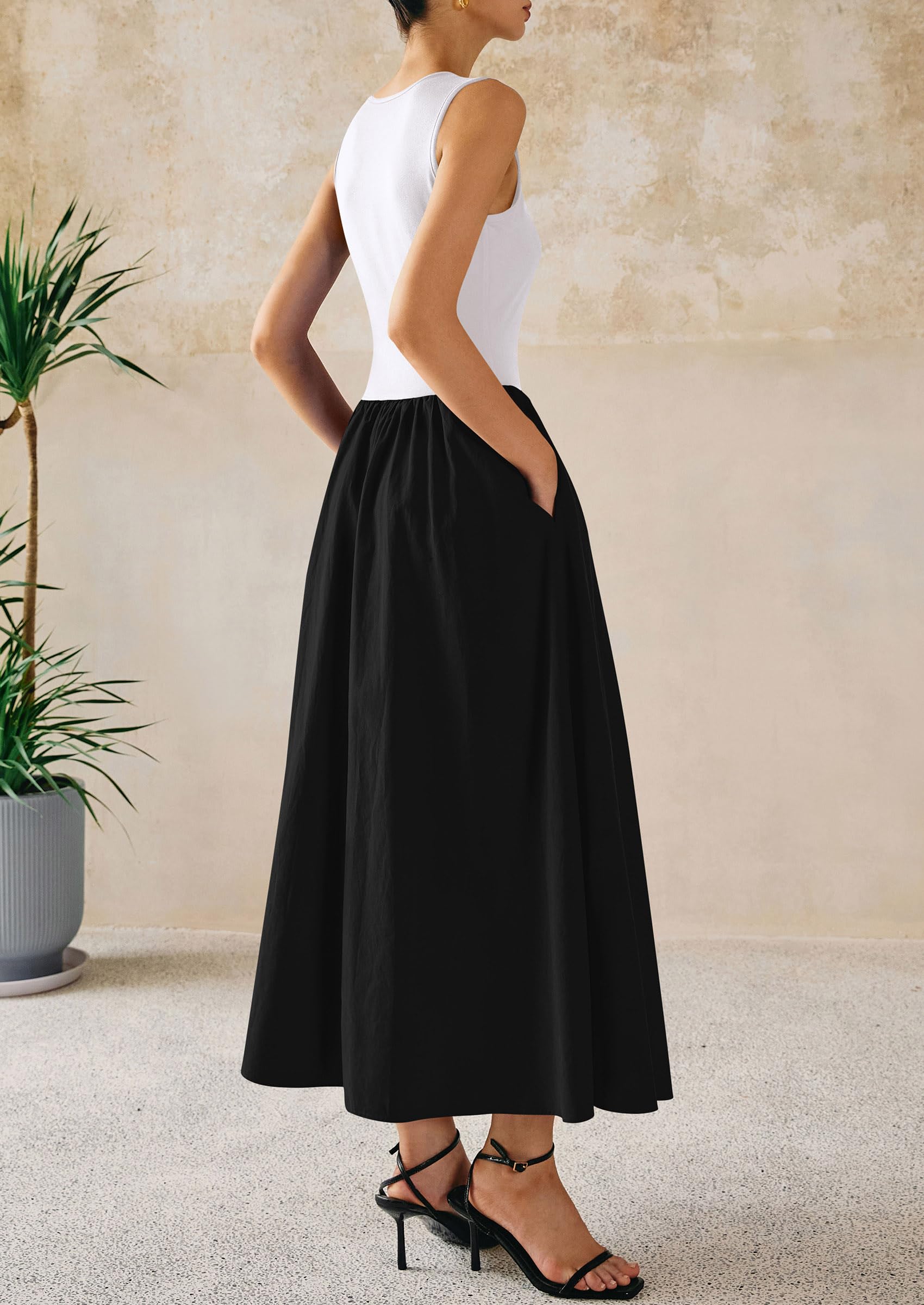 PRETTYGARDEN Women Maxi Dresses Casual Sleeveless Patchwork Knit Tank Dress Flowy Beach Sundress Long Dress