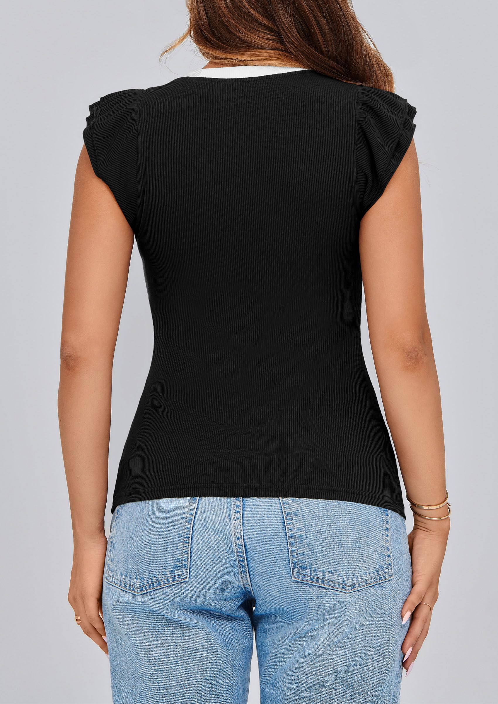 PRETTYGARDEN Womens V Neck Summer Tops Ruffle Sleeveless Slim Fit T Shirts Going Out Casual Blouses