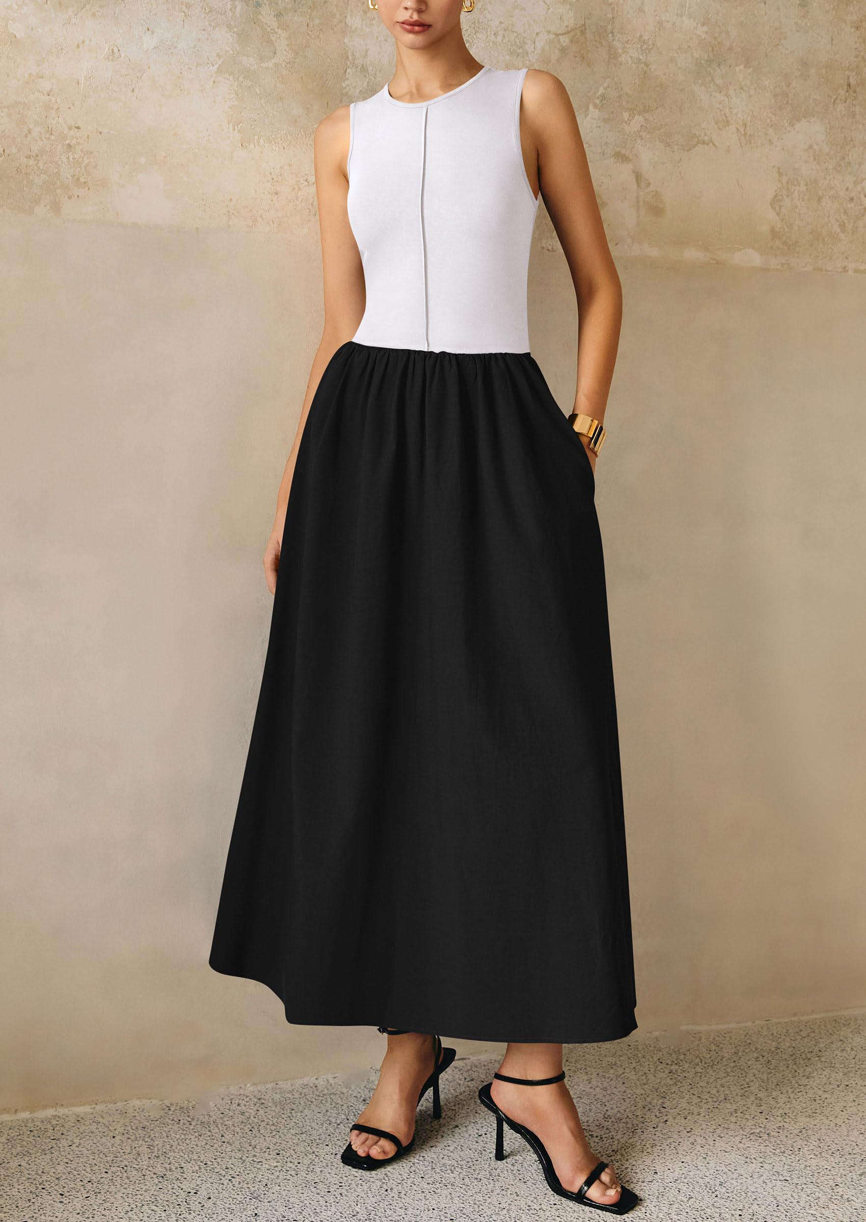 PRETTYGARDEN Women Maxi Dresses Casual Sleeveless Patchwork Knit Tank Dress Flowy Beach Sundress Long Dress