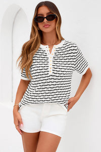 PRETTYGARDEN Cute Short Sleeve V Neck Sweaters for Women Summer Casual Striped Quarter Button Henley Shirts Knit Work Tops PRETTYGARDEN