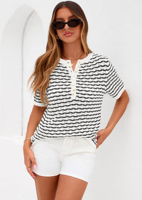 PRETTYGARDEN Cute Short Sleeve V Neck Sweaters for Women Summer Casual Striped Quarter Button Henley Shirts Knit Work Tops PRETTYGARDEN