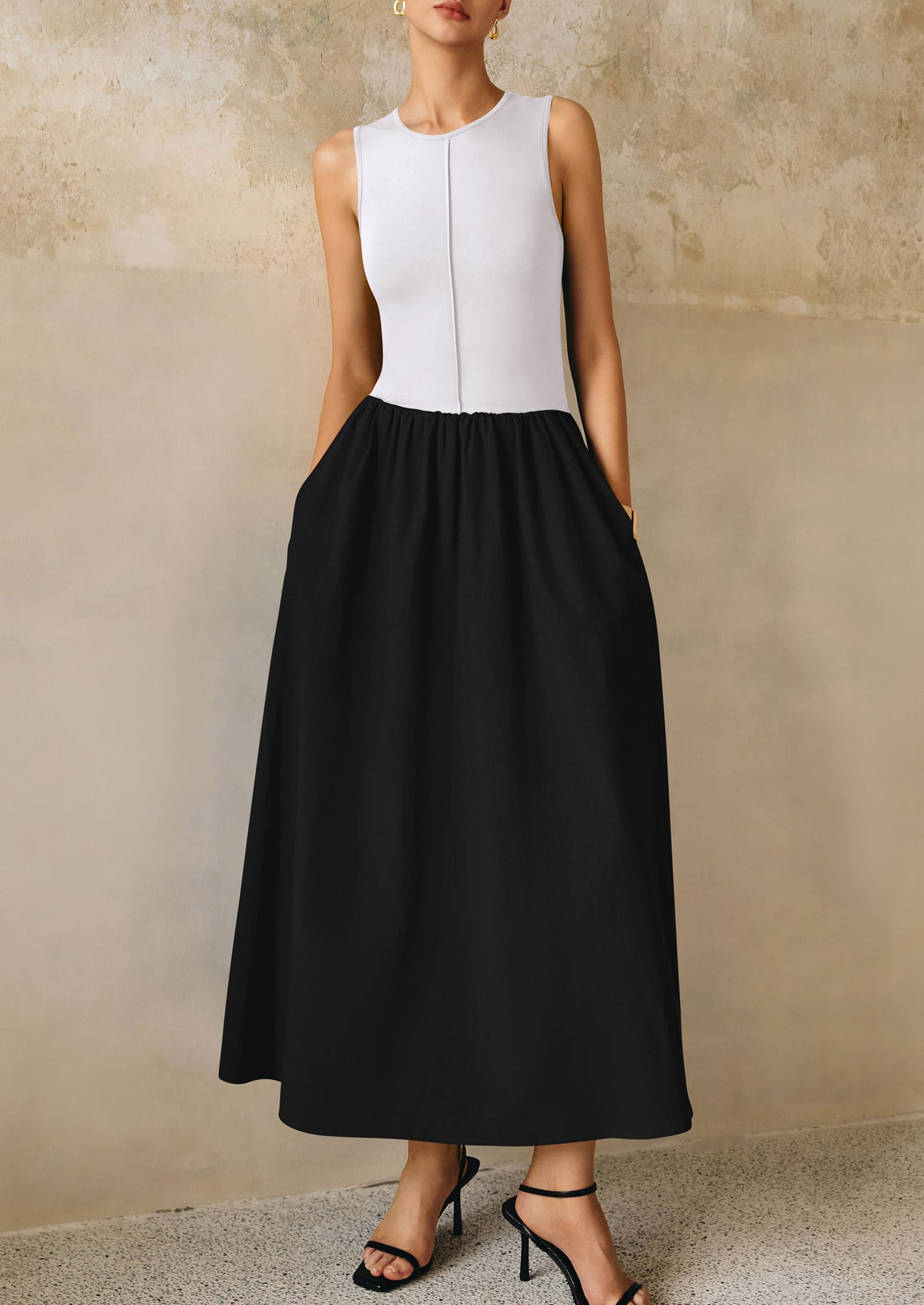 PRETTYGARDEN Women Maxi Dresses Casual Sleeveless Patchwork Knit Tank Dress Flowy Beach Sundress Long Dress