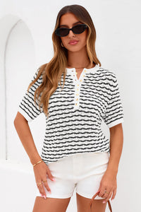 PRETTYGARDEN Cute Short Sleeve V Neck Sweaters for Women Summer Casual Striped Quarter Button Henley Shirts Knit Work Tops PRETTYGARDEN