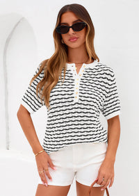 PRETTYGARDEN Cute Short Sleeve V Neck Sweaters for Women Summer Casual Striped Quarter Button Henley Shirts Knit Work Tops PRETTYGARDEN