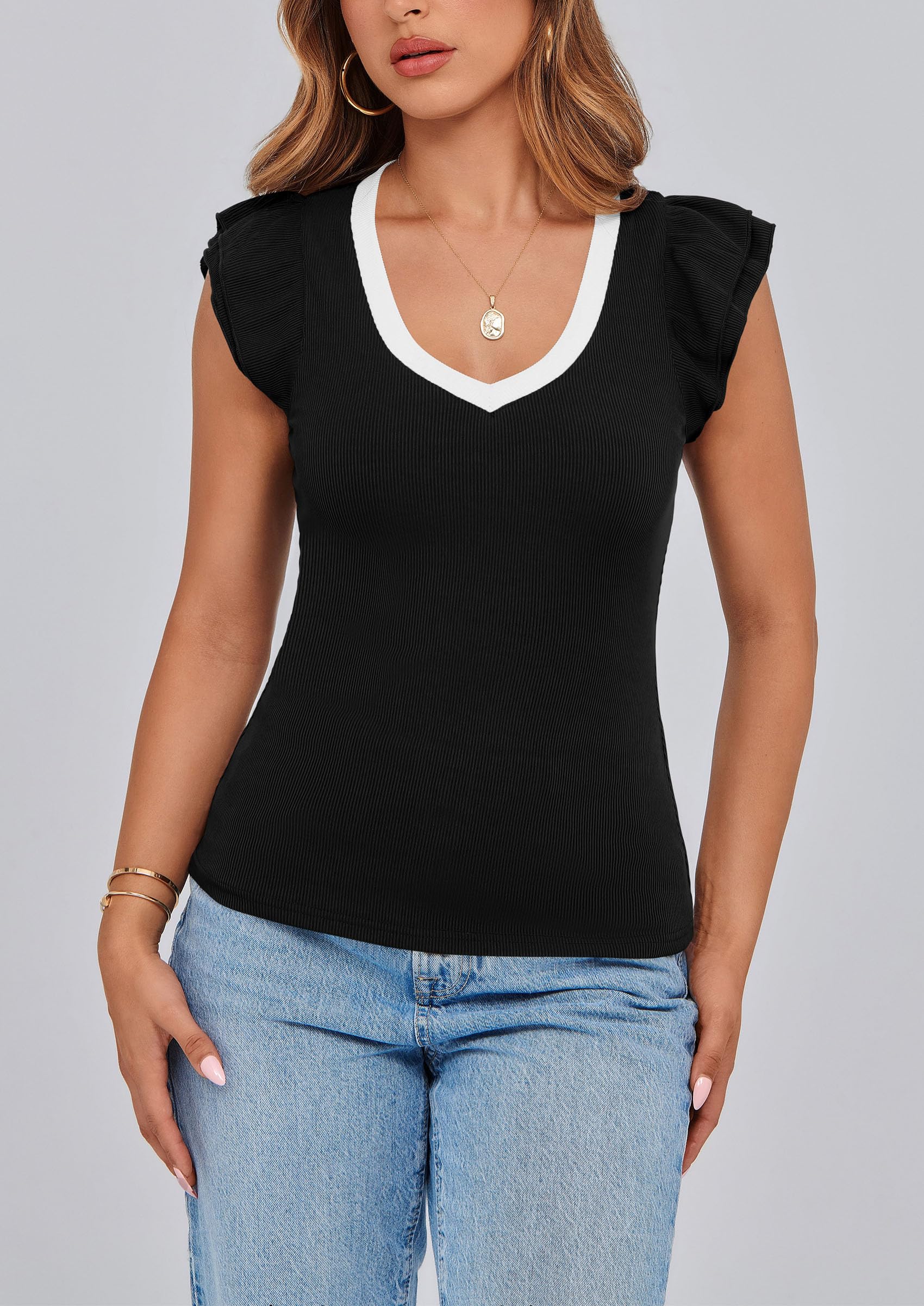 PRETTYGARDEN Womens V Neck Summer Tops Ruffle Sleeveless Slim Fit T Shirts Going Out Casual Blouses