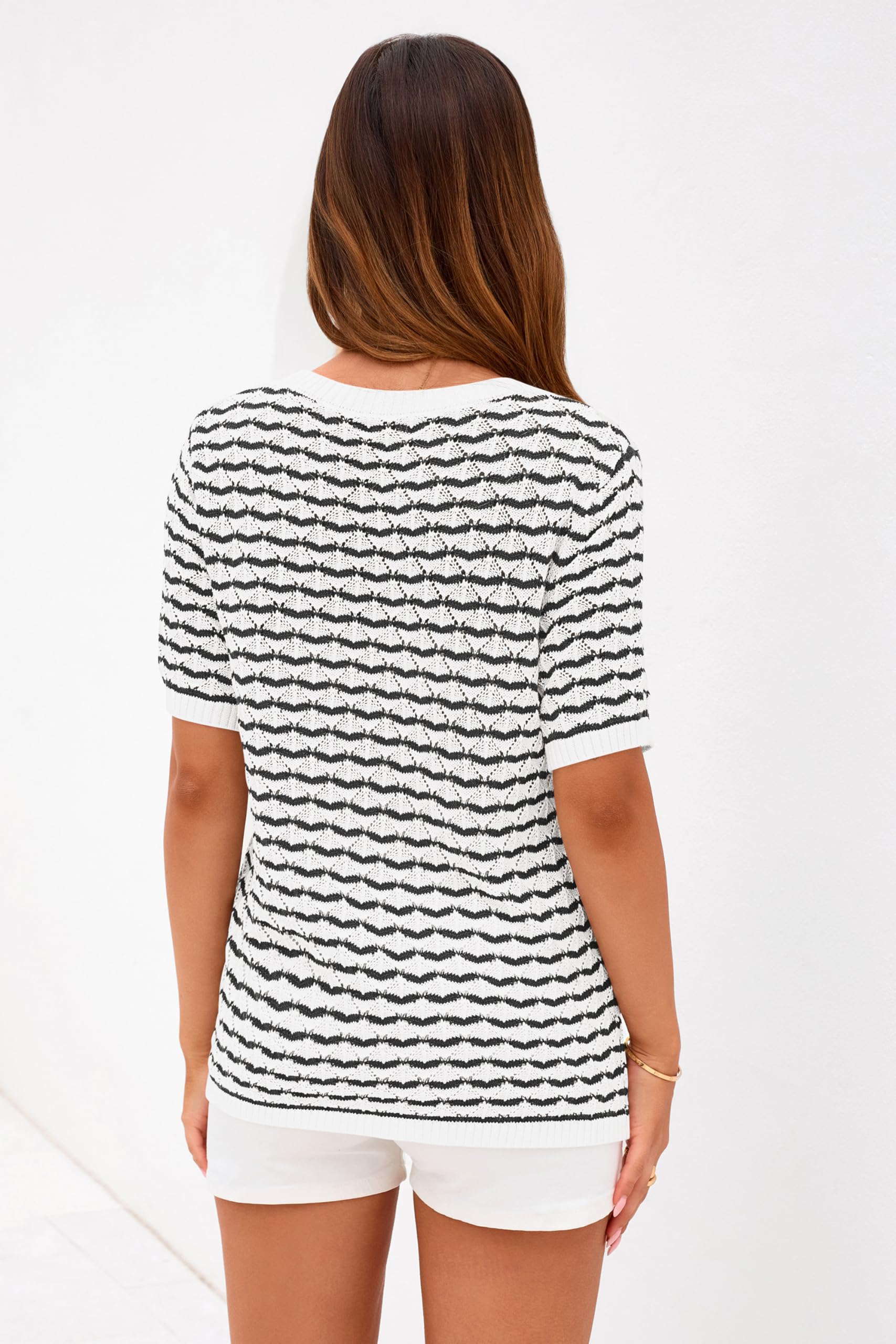 PRETTYGARDEN Cute Short Sleeve V Neck Sweaters for Women Summer Casual Striped Quarter Button Henley Shirts Knit Work Tops PRETTYGARDEN