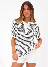 PRETTYGARDEN Cute Short Sleeve V Neck Sweaters for Women Summer Casual Striped Quarter Button Henley Shirts Knit Work Tops PRETTYGARDEN