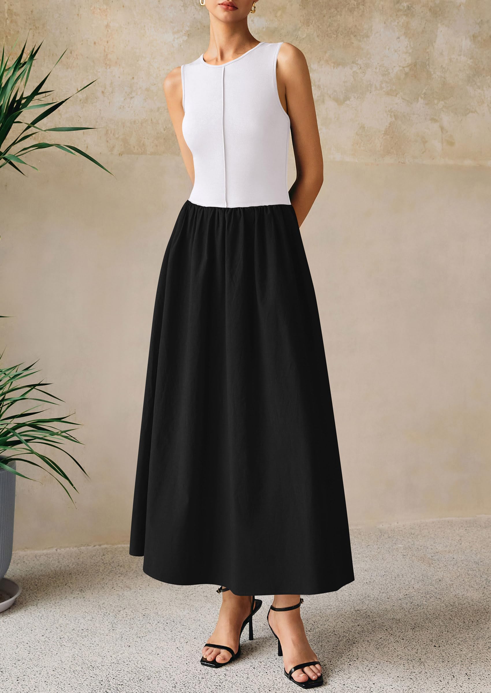 PRETTYGARDEN Women Maxi Dresses Casual Sleeveless Patchwork Knit Tank Dress Flowy Beach Sundress Long Dress