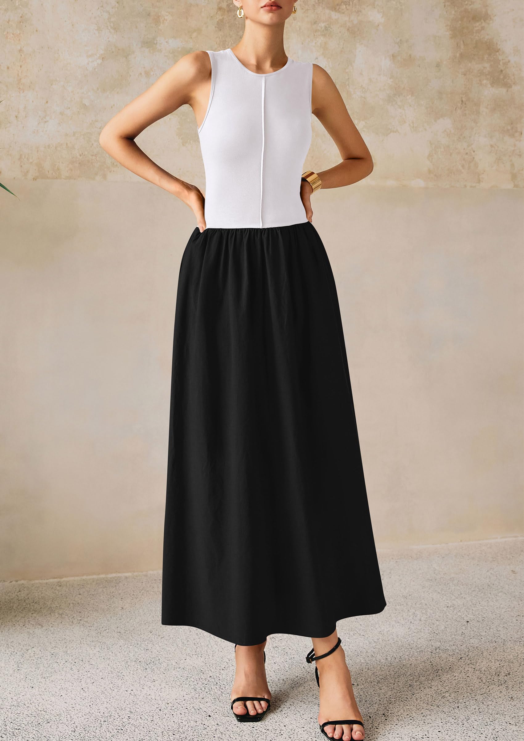 PRETTYGARDEN Women Maxi Dresses Casual Sleeveless Patchwork Knit Tank Dress Flowy Beach Sundress Long Dress