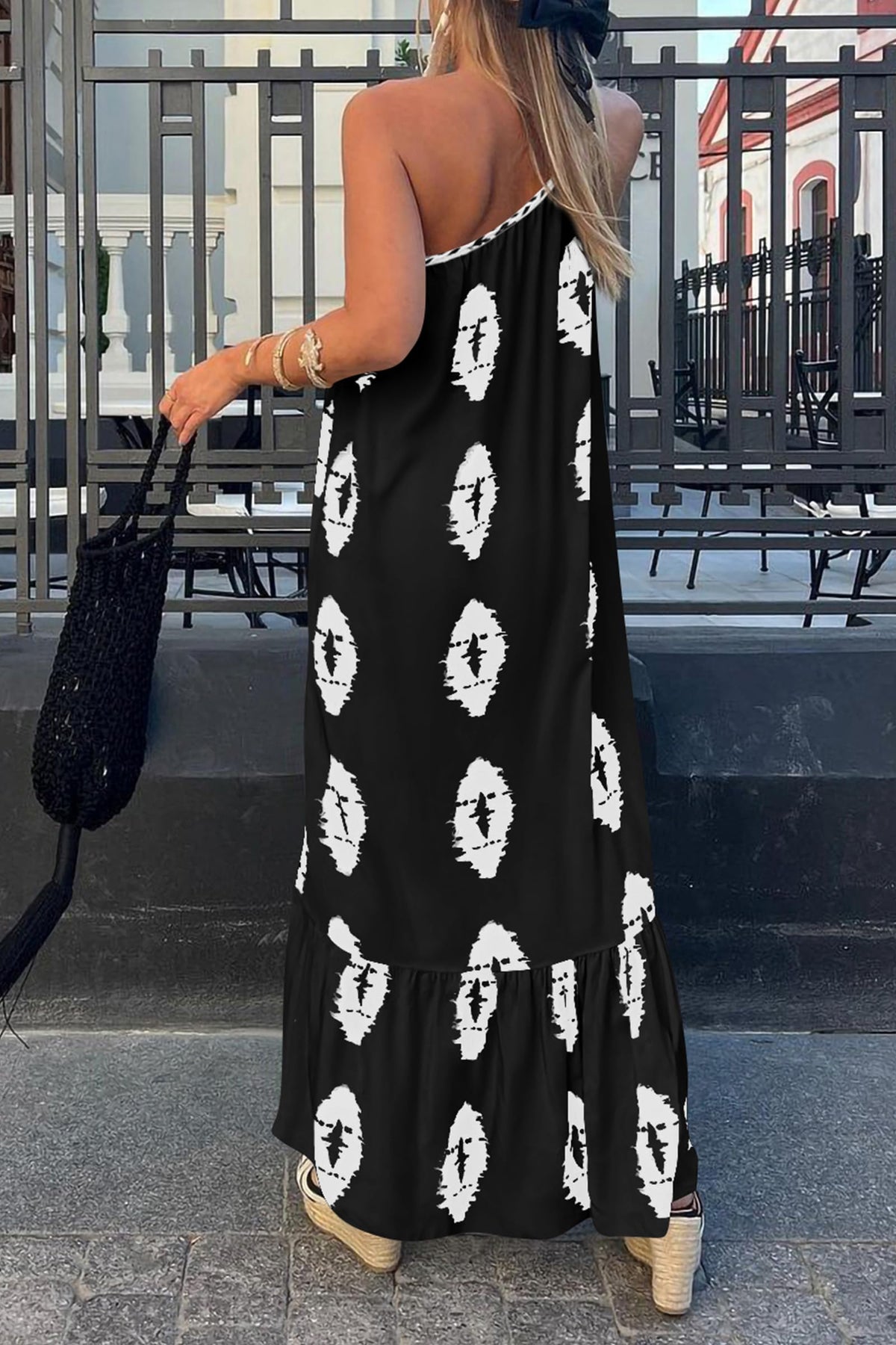 One Shoulder Spaghetti Strap Printed A Line Flowy Boho Maxi Long Sundress