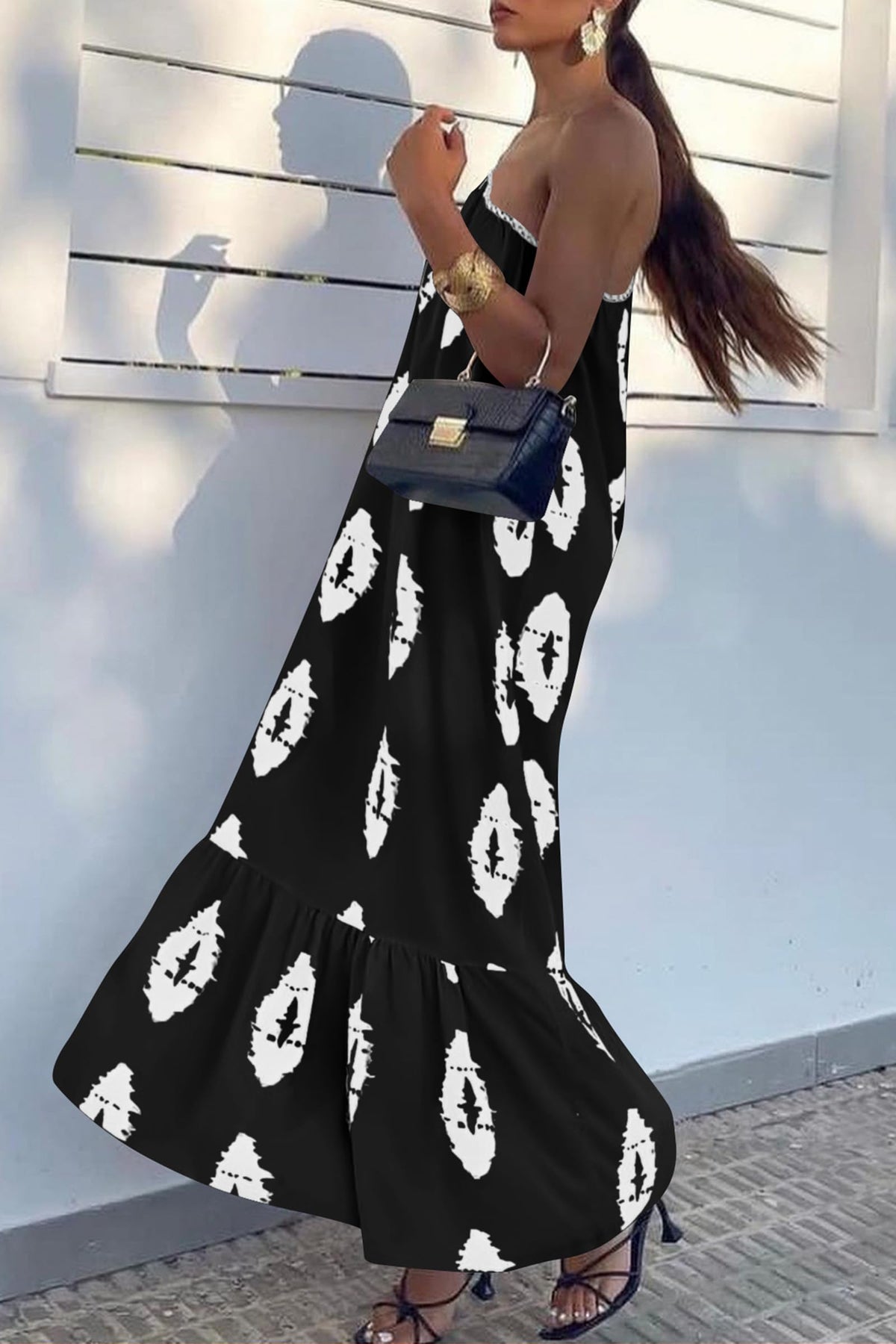 One Shoulder Spaghetti Strap Printed A Line Flowy Boho Maxi Long Sundress