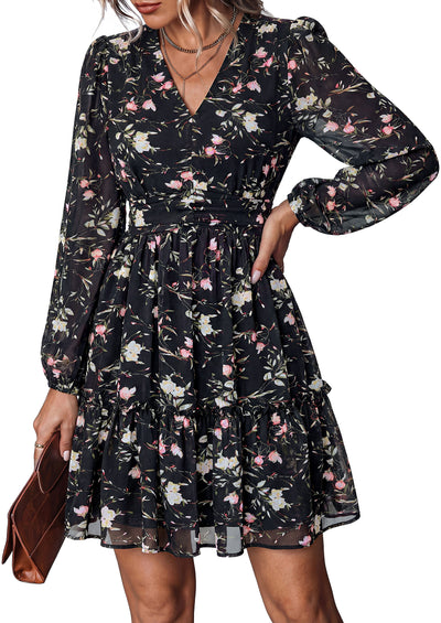 PRETTYGARDEN Women Floral Long Sleeve Mini Dress | Fall Wedding Guest Dresses, V Neck, Fit & Flare, Ruffle Hem A-Line, Short Chiffon Dress, Elegant Holiday Party, Date Outfits