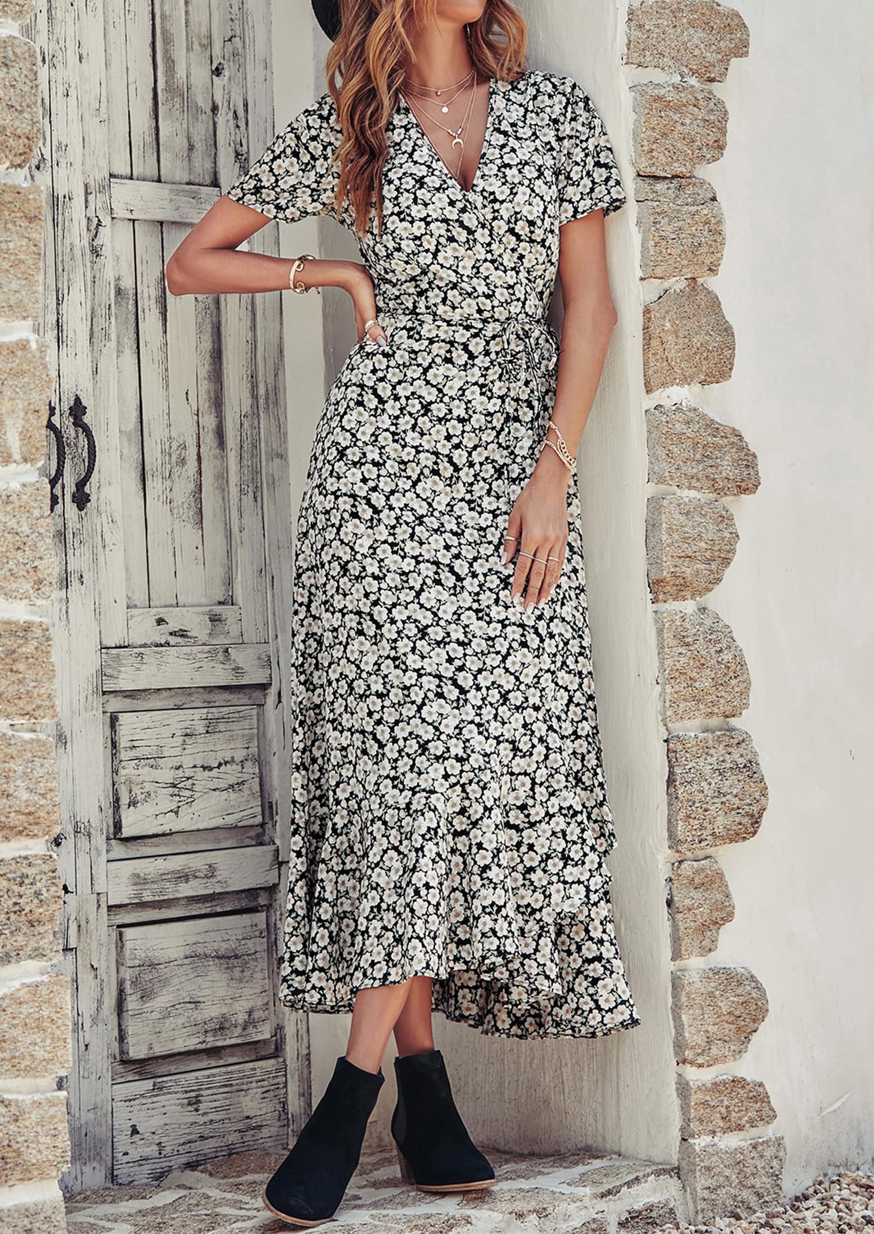 PRETTYGARDEN Women's Summer Maxi Dress Casual Wrap Floral Boho Short Sleeve V Neck Split Ruffle Beach Long Dresses