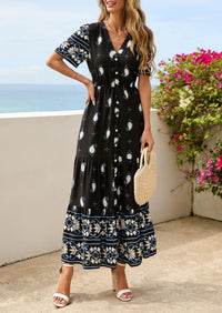 PRETTYGARDEN Womens Summer Boho Maxi Dress Trendy Short Sleeve V Neck Flowy Beach Floral Dresses with Pockets PRETTYGARDEN